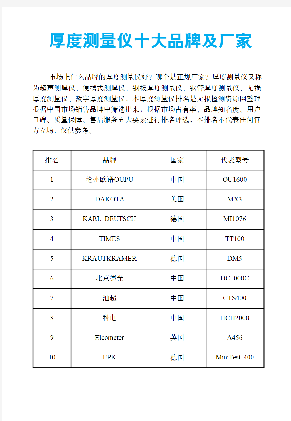 厚度测量仪十大品牌及厂家