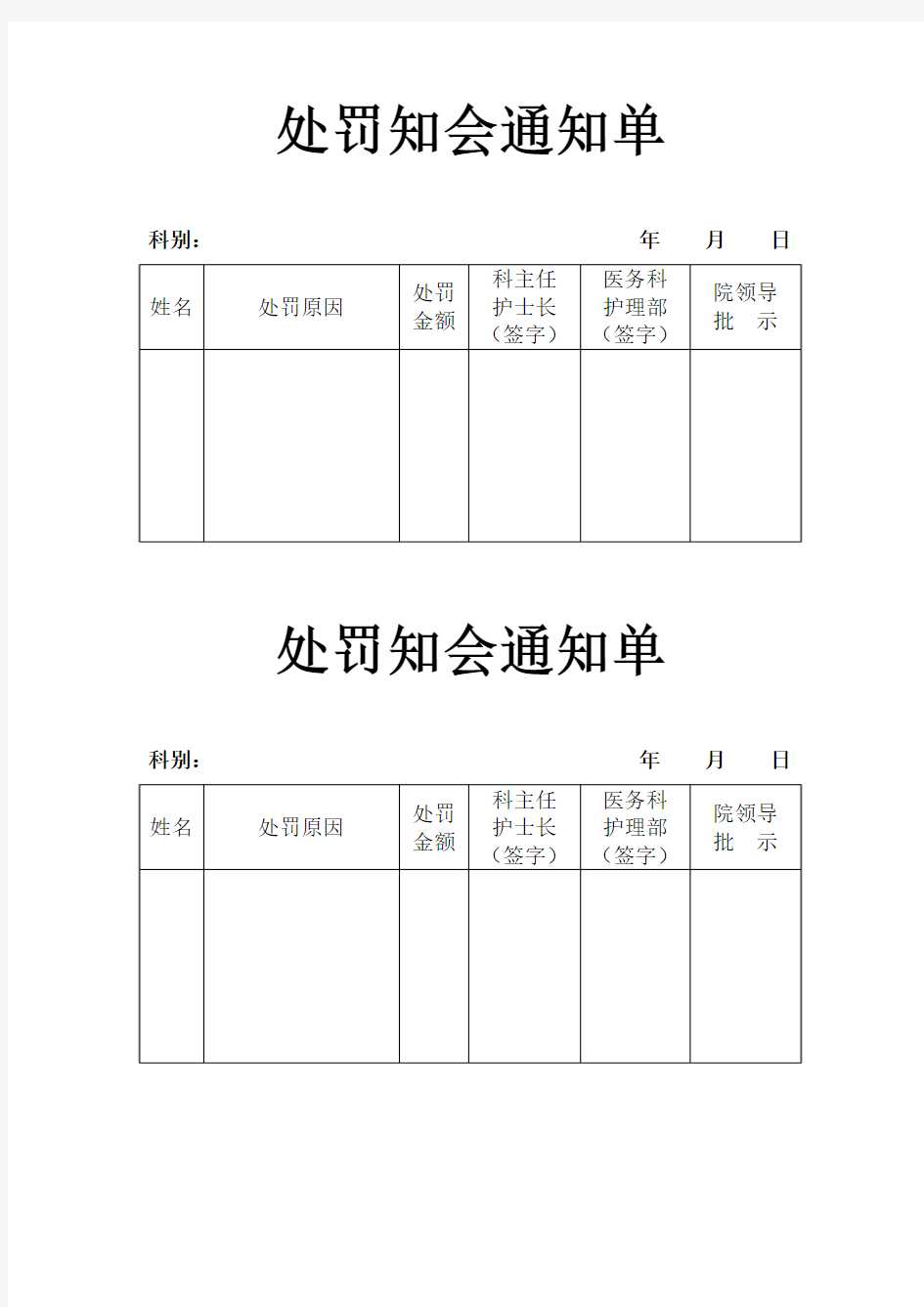 医院处罚知会通知单