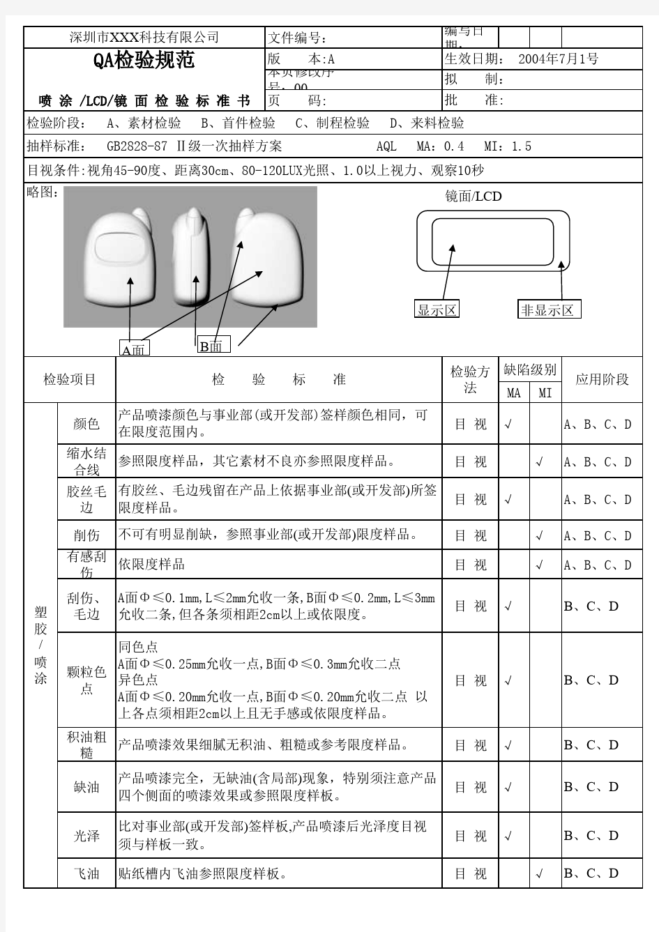 塑胶外壳和镜面检验标准书