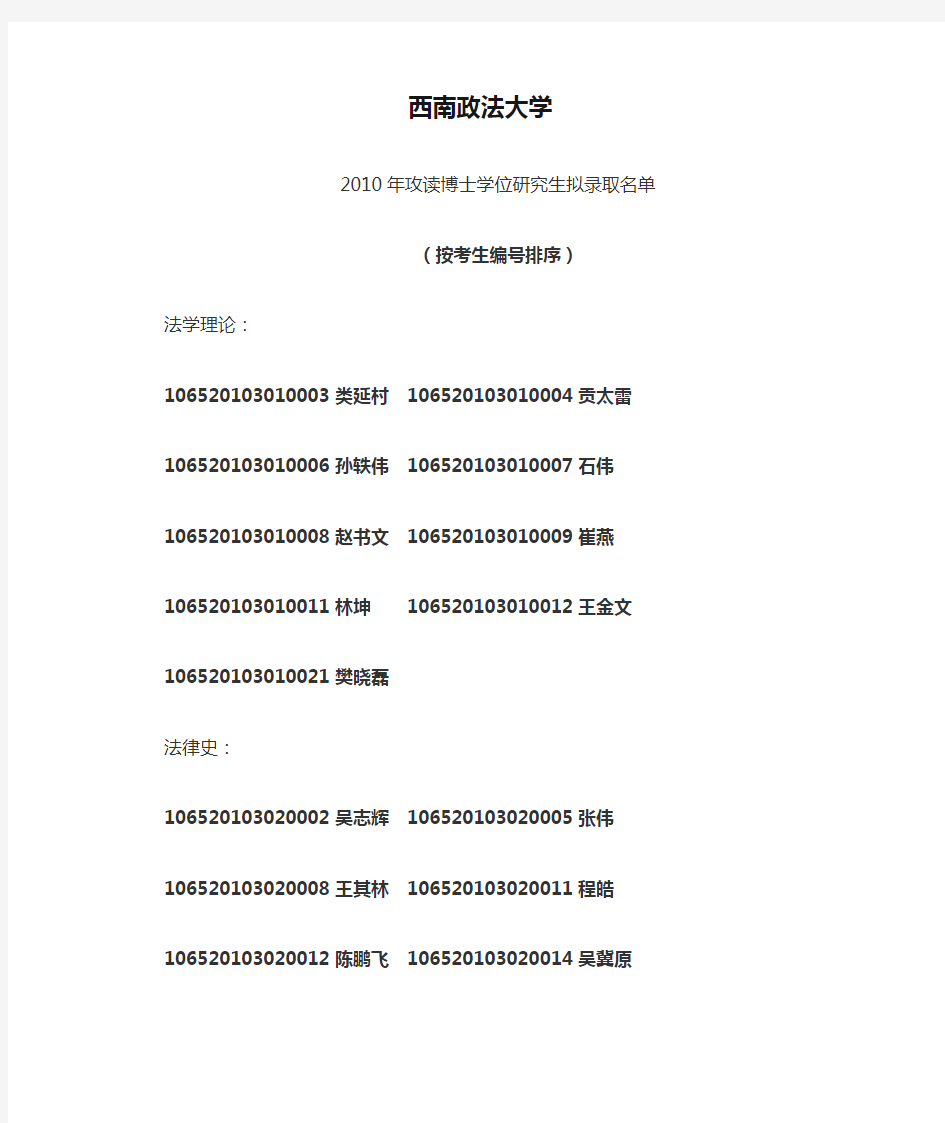 西南政法大学2010级博士拟录取名单