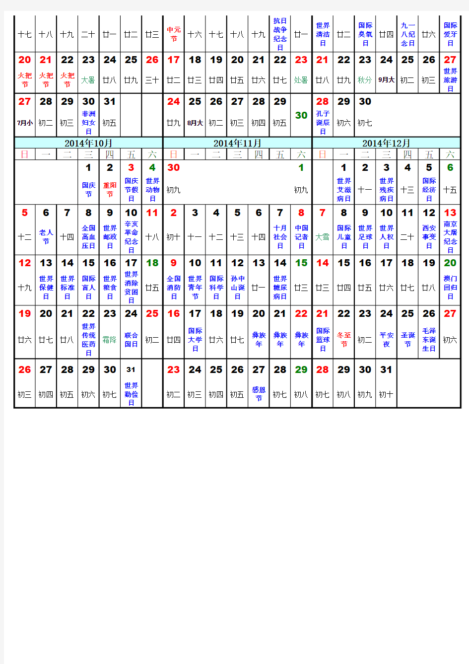 2014年日历(各类节日表)