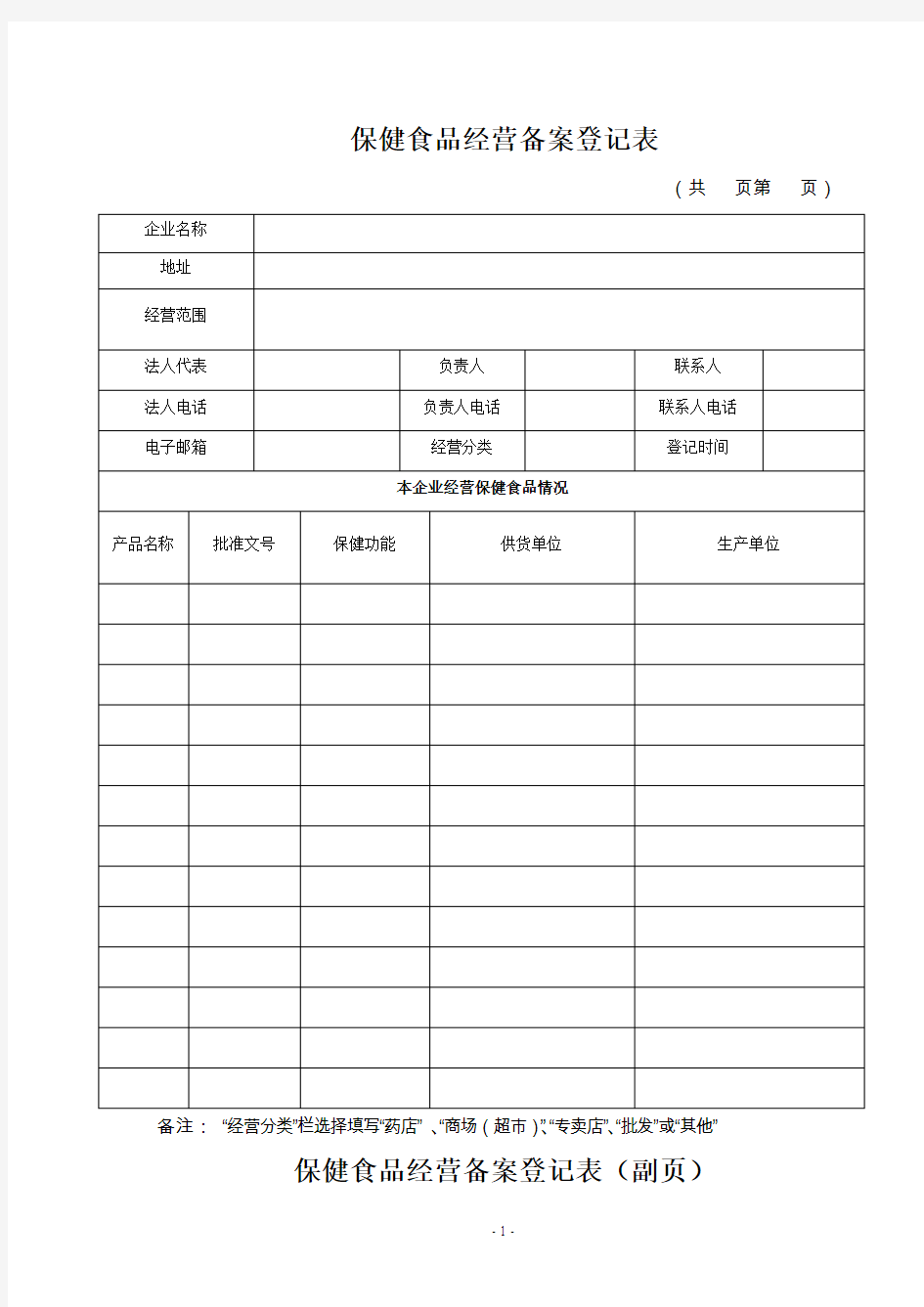 保健食品经营备案登记表