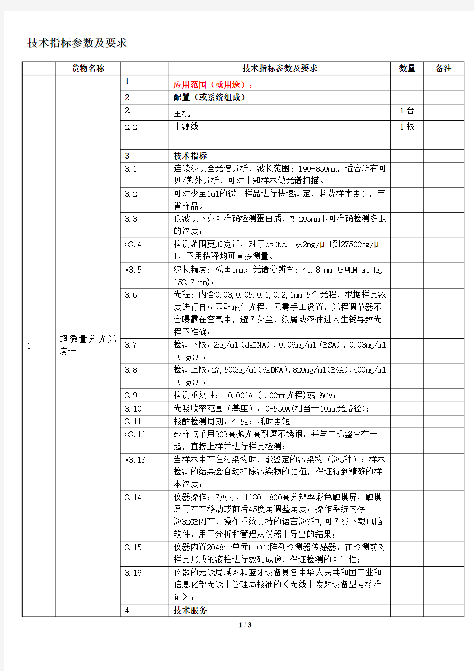 技术指标参数及要求