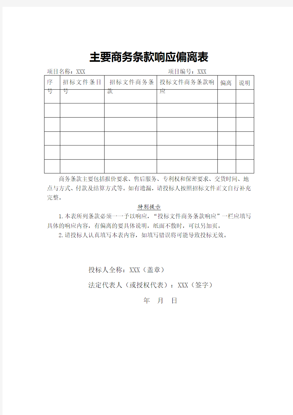 【最新】 主要商务条款响应偏离表 模板(范本)