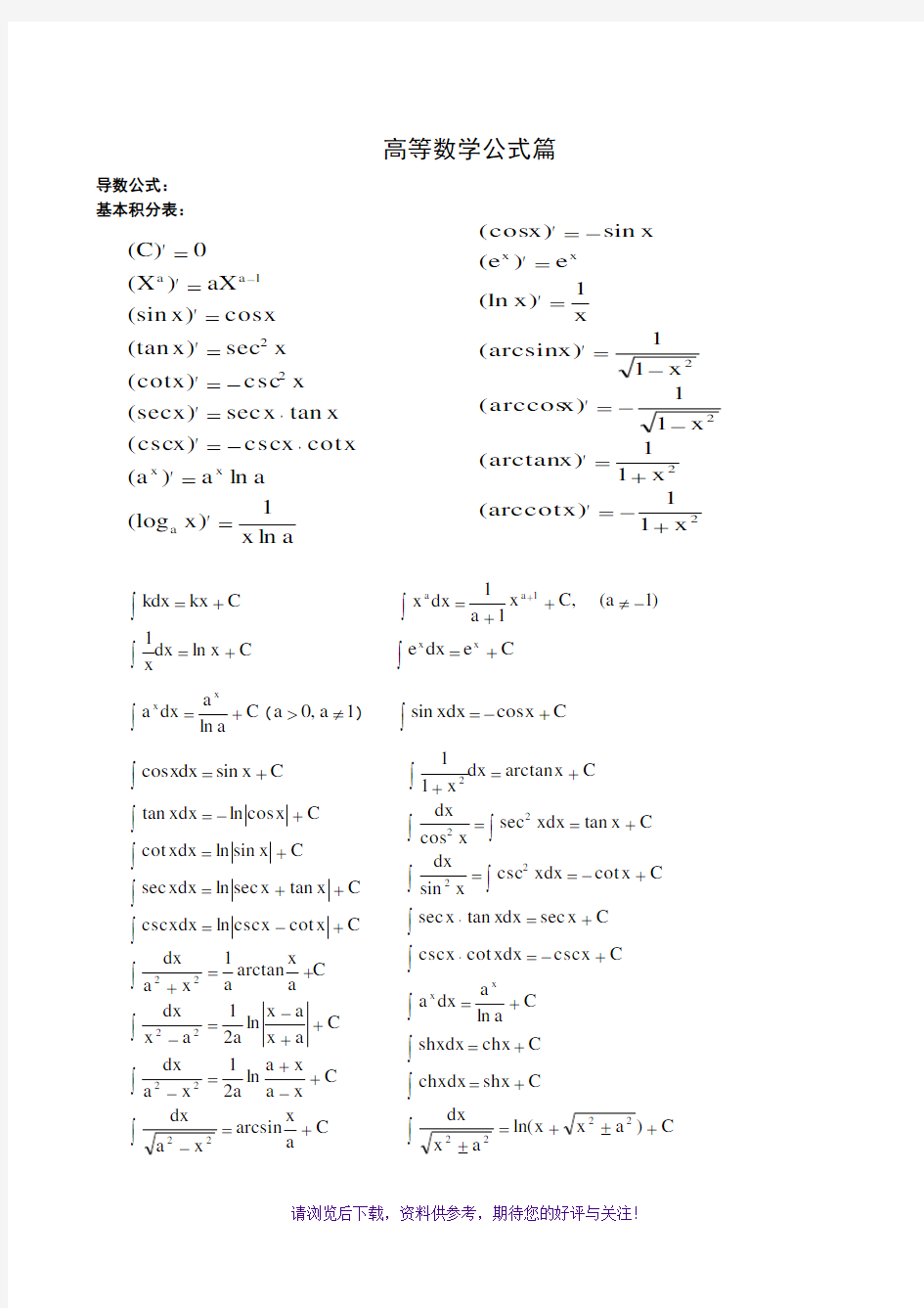 考研数学公式大全(考研必备)