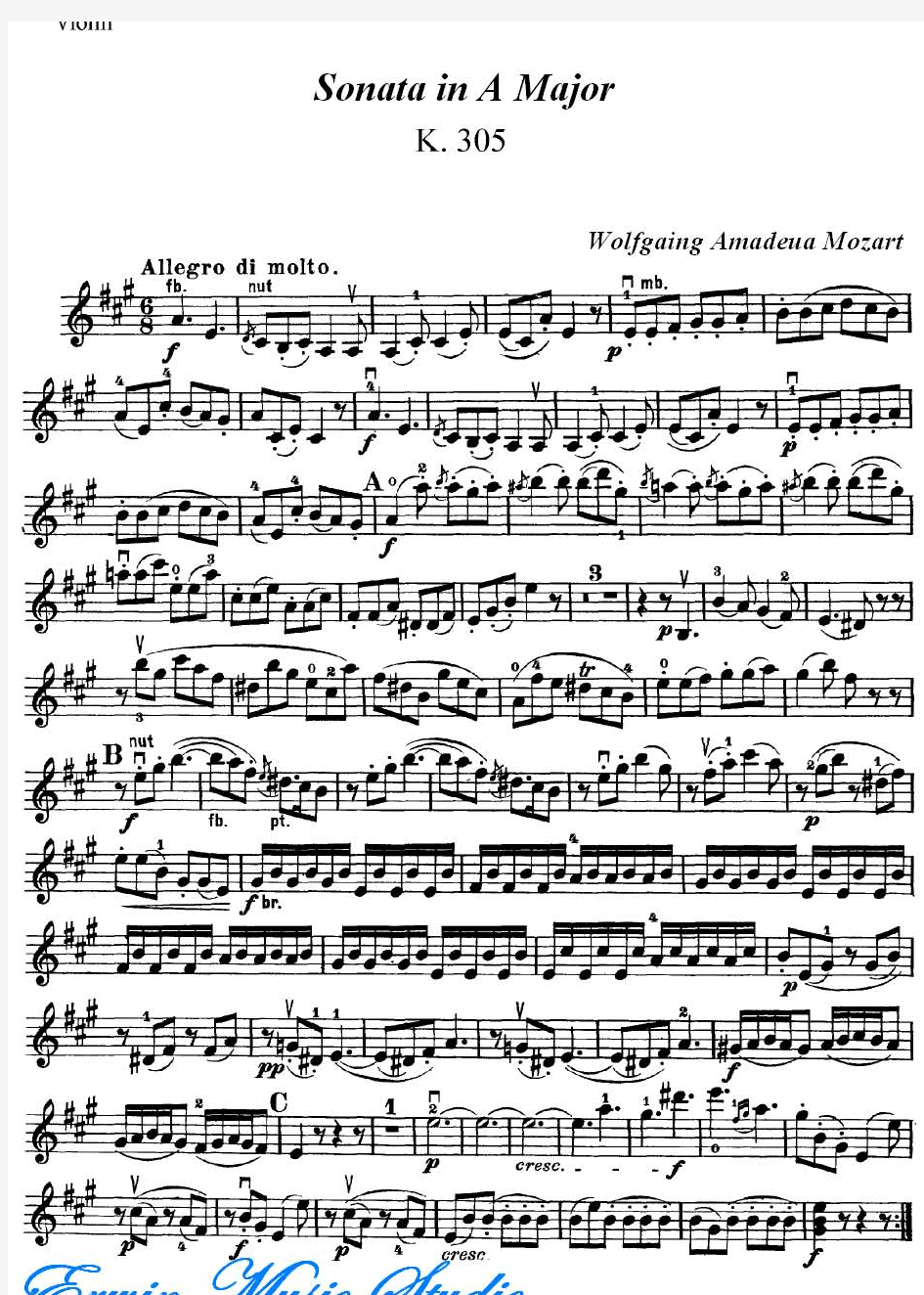 莫扎特《A大调小提琴奏鸣曲》K.305,小提琴曲谱