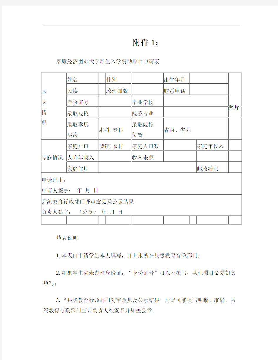 家庭经济困难大学新生入学资助项目申请表