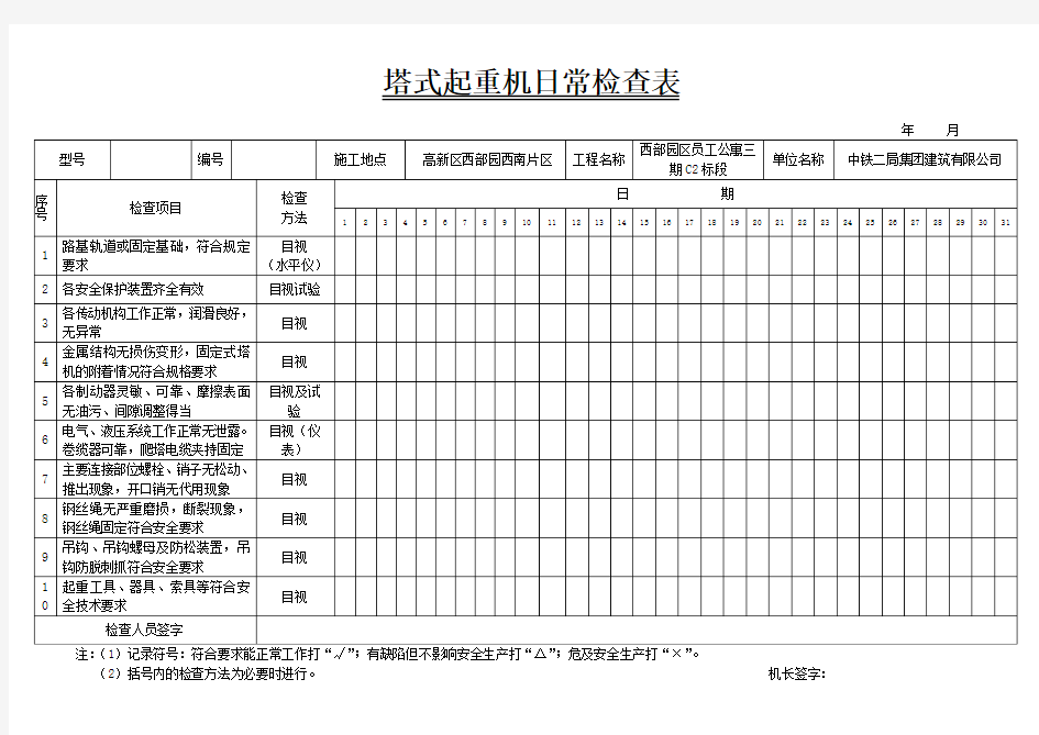 塔式起重机日常检查表