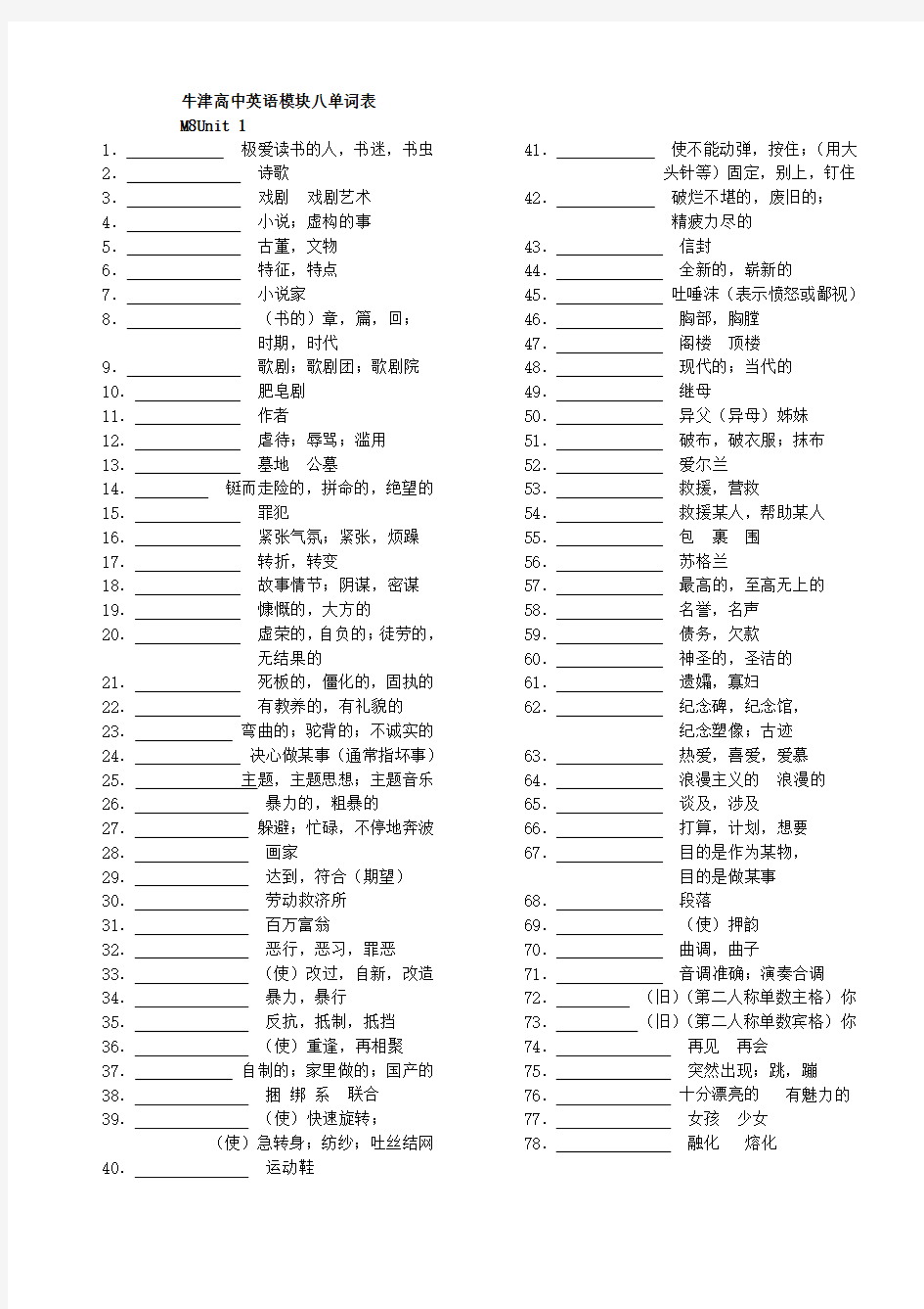 (word完整版)牛津高中英语模块八词汇默写全