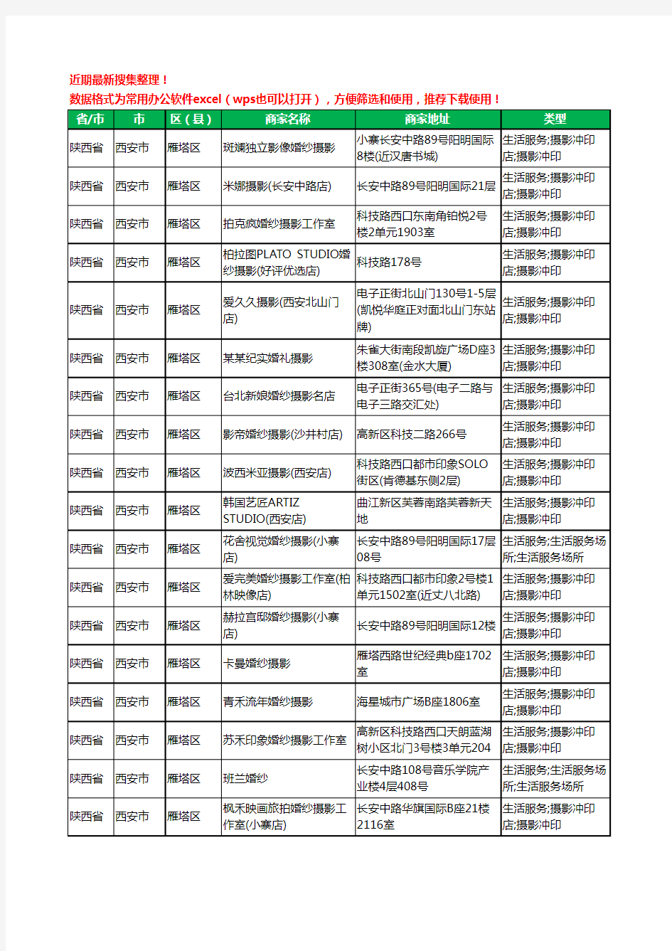 2020新版陕西省西安市雁塔区婚纱摄影工商企业公司商家名录名单黄页联系方式电话大全72家