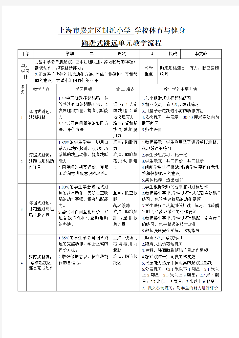 蹲踞式跳远单元教学计划