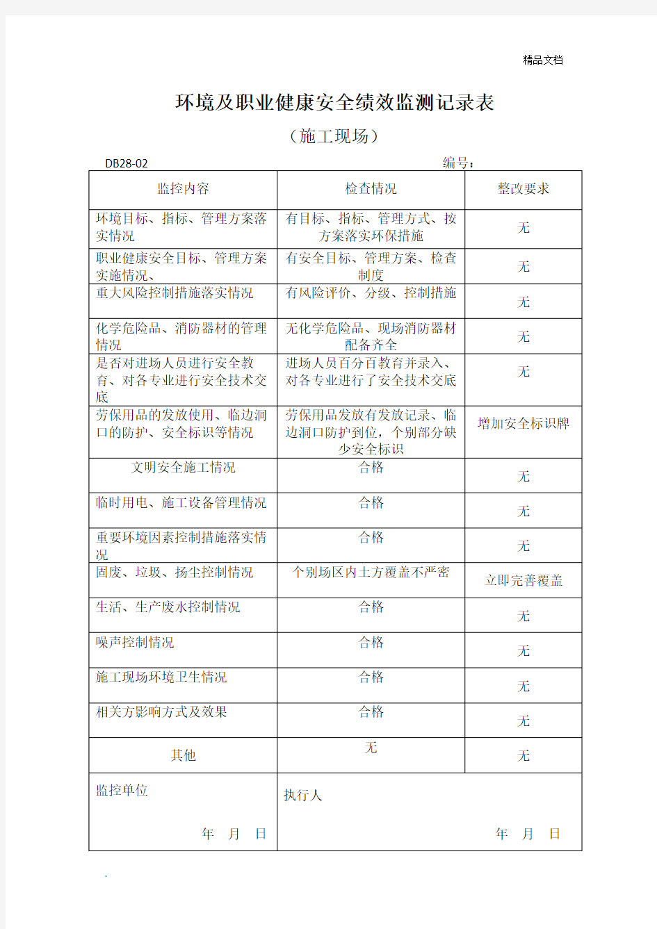 环境及职业健康安全绩效监测记录表