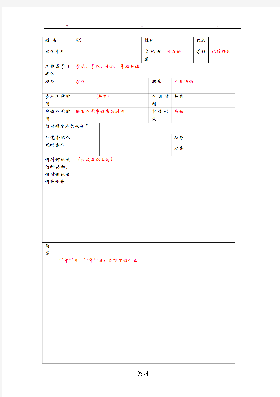 入党积极分子培养教育考察登记簿