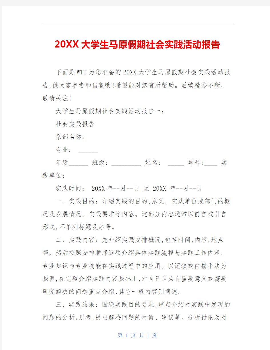 20XX大学生马原假期社会实践活动报告