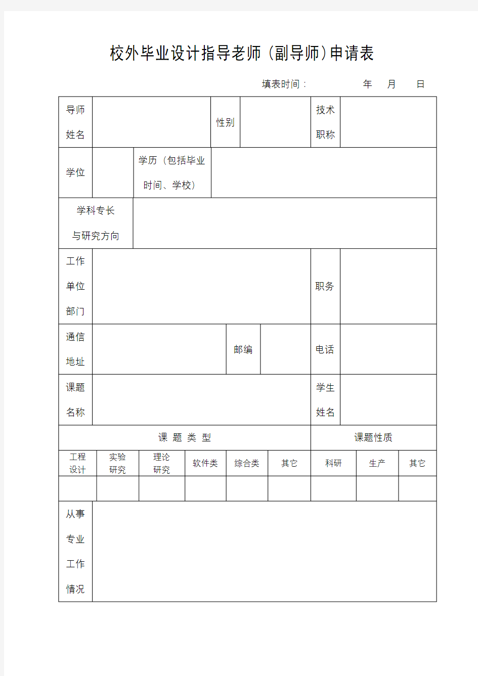 校外毕业设计指导老师(副导师)申请表【模板】