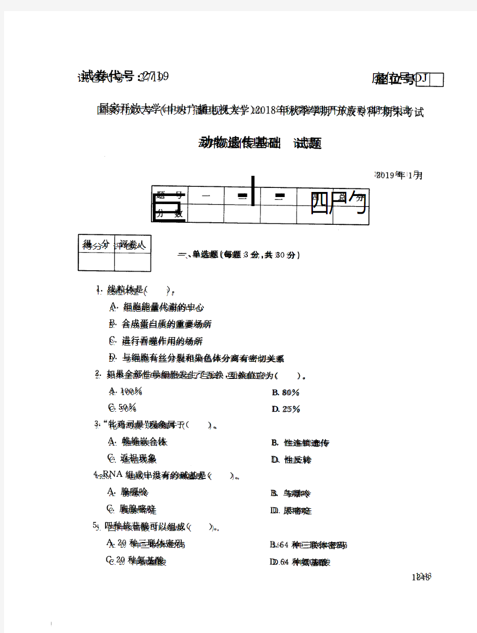 2019年电大《动物遗传基础》期末考试试题及答案