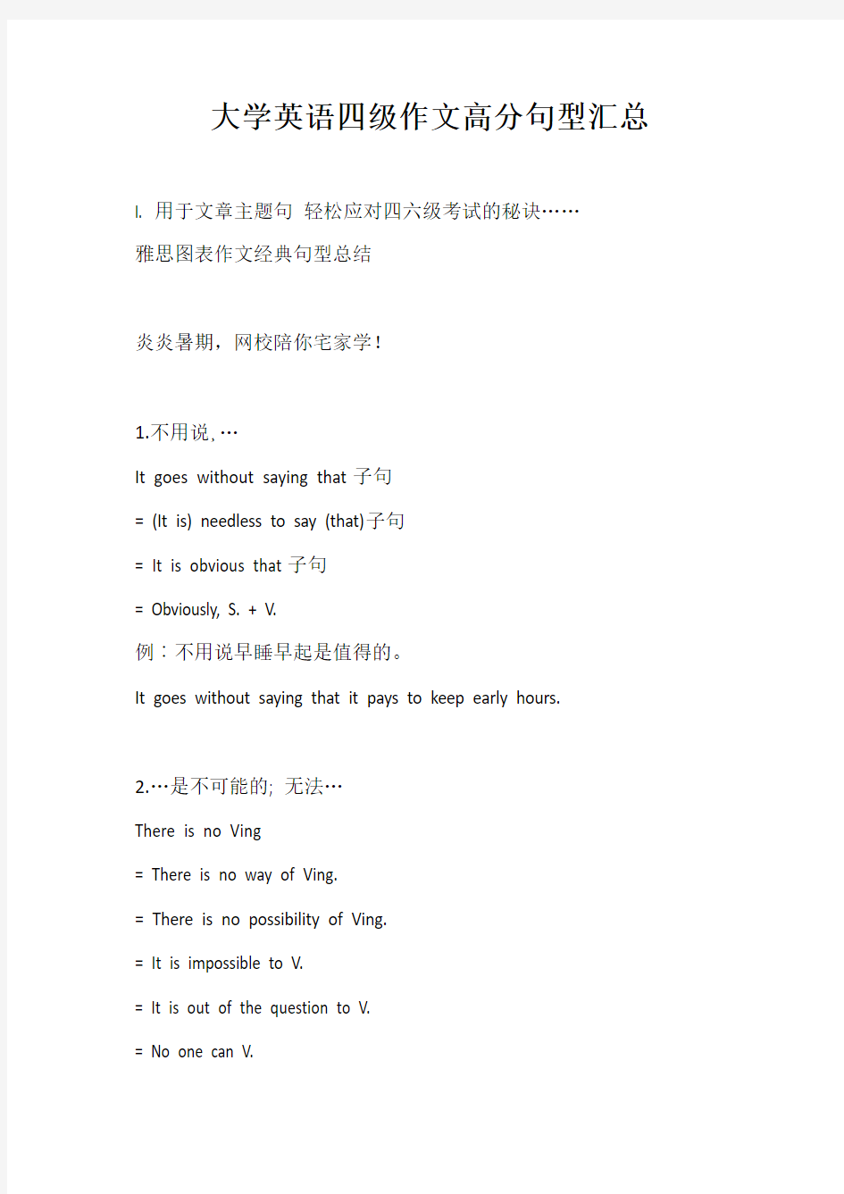 精选大学英语四级必考作文句型范例