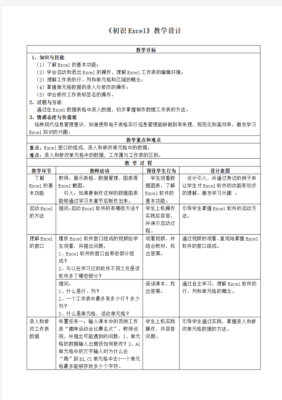 《初识Excel》教学设计