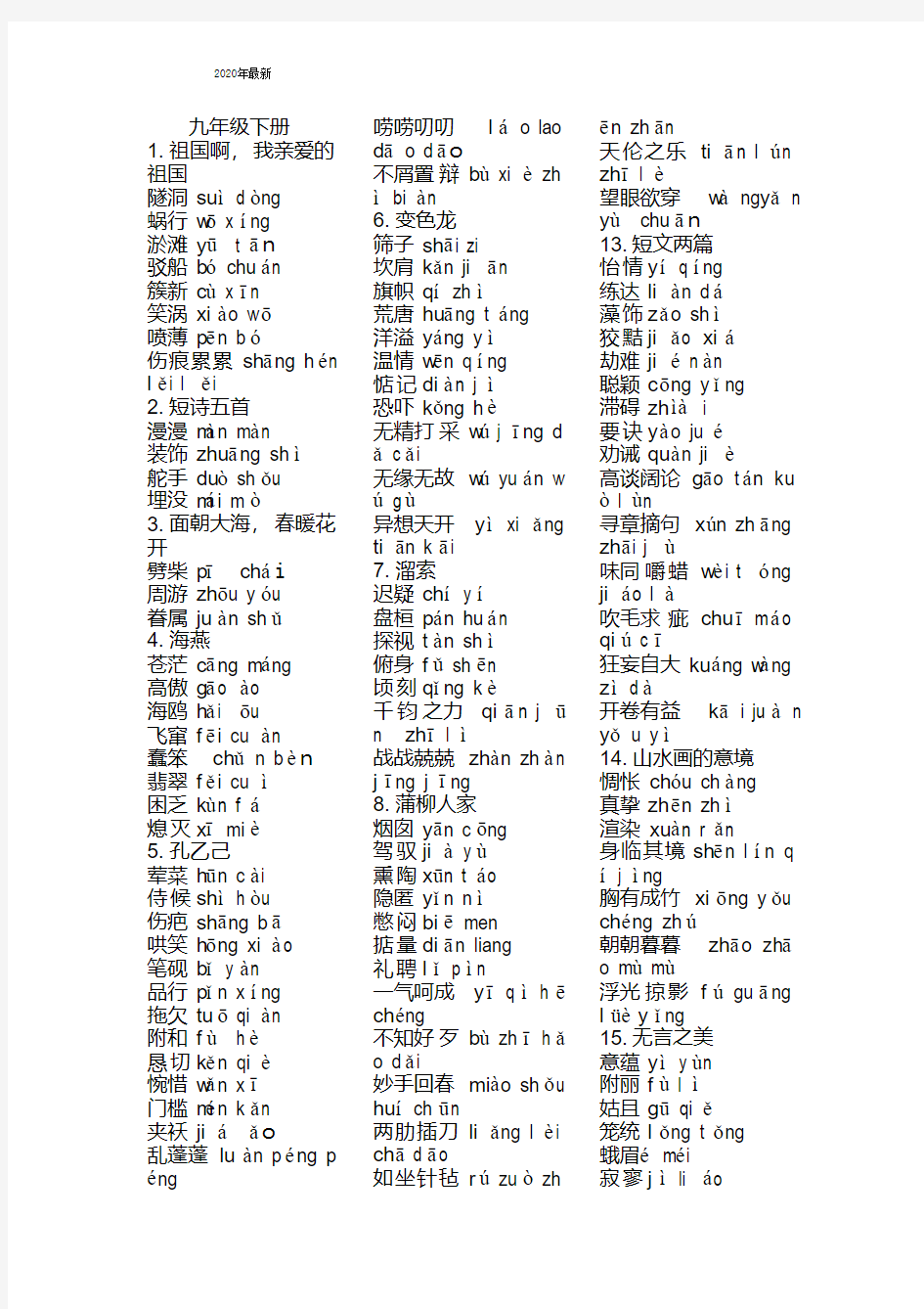 2020年最新部编版语文九年级下册生字词注音整理