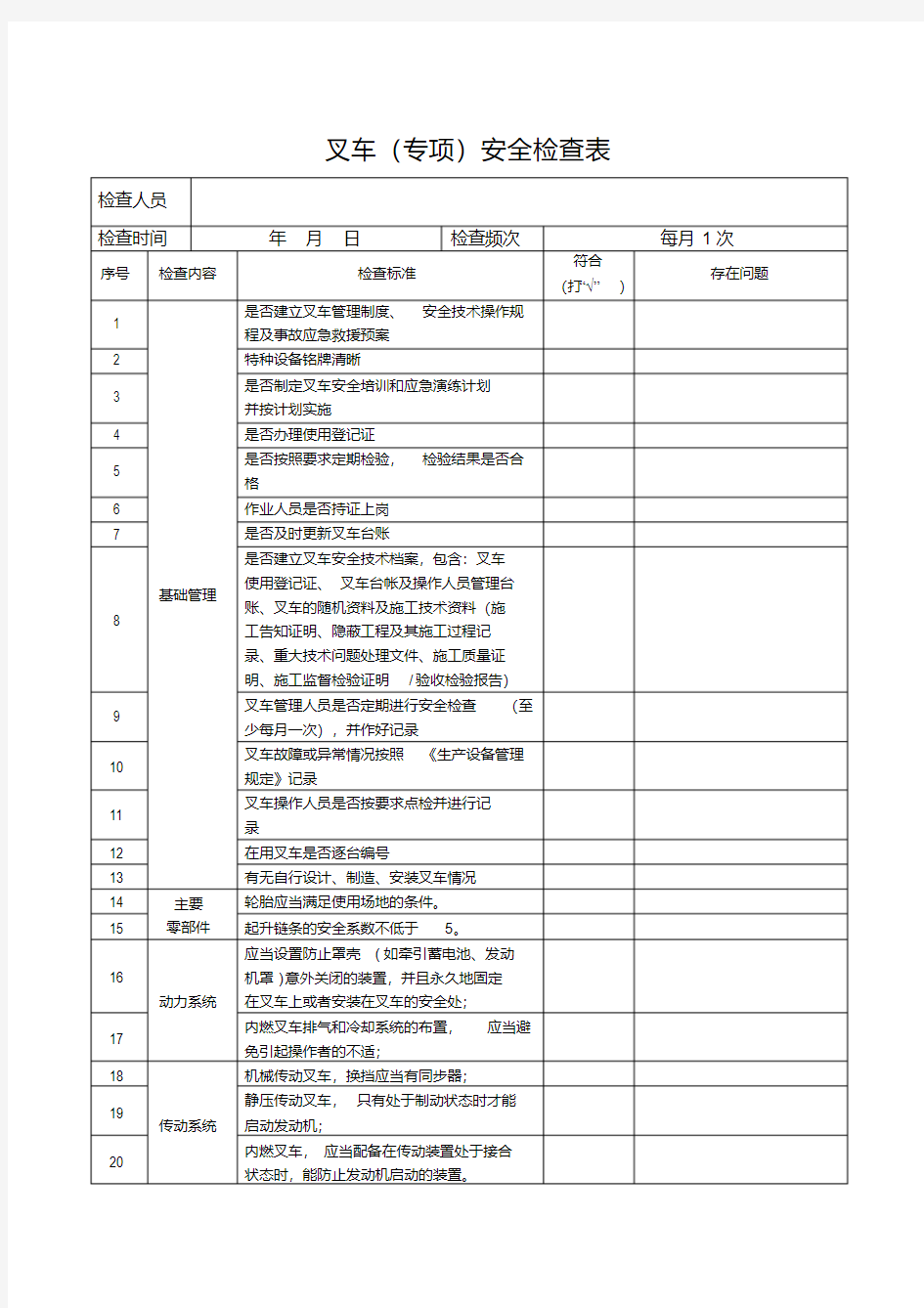 叉车安全检查表