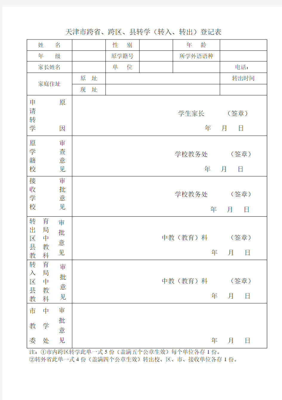 天津市跨省、跨区、县转学(转入、转出)登记表