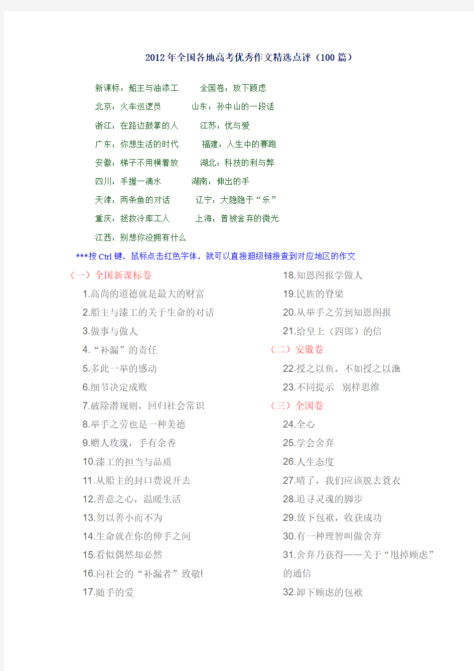 2012年全国各地高考优秀作文精选点评(100篇)