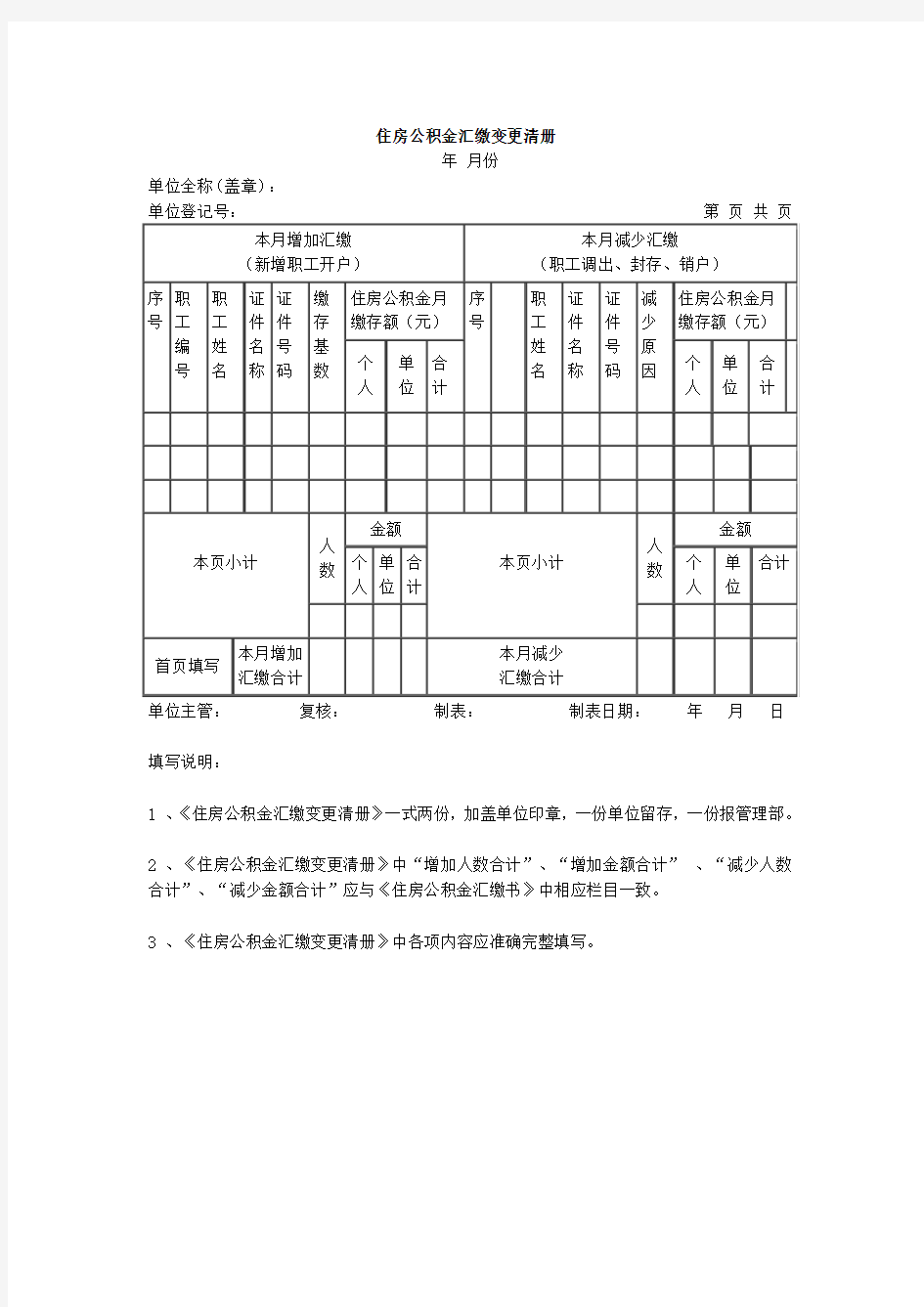 《住房公积金汇缴变更清册》填写样本