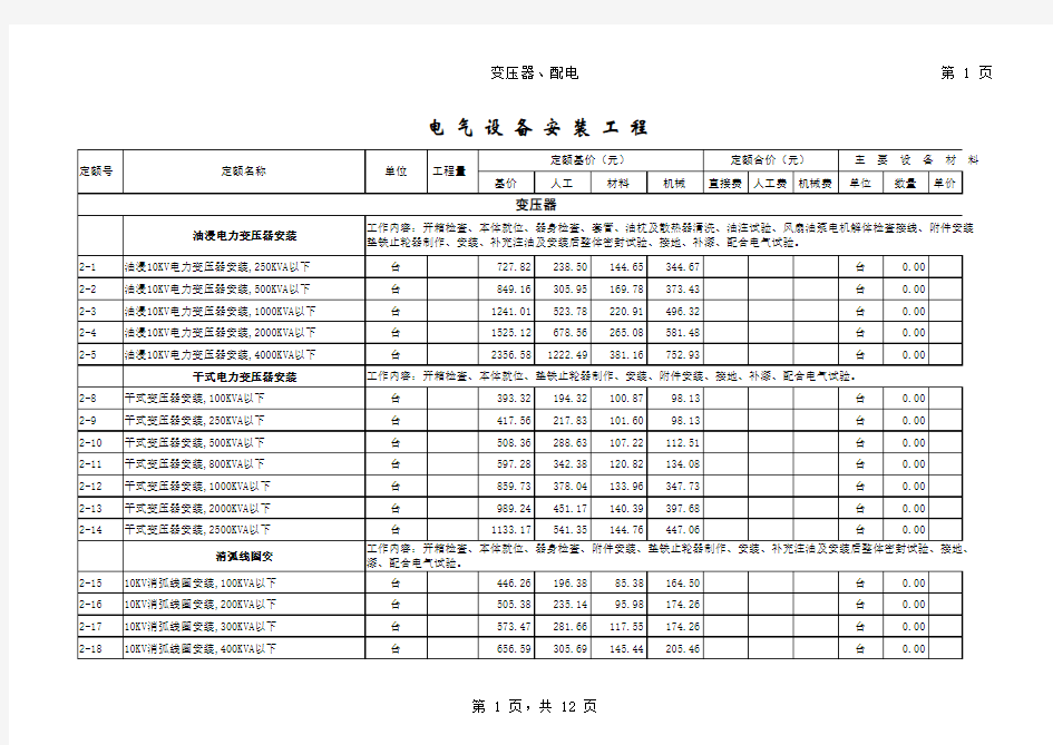 2000年安徽省估价表(第二册 电气设备安装工程变压器安装部分)安装定额