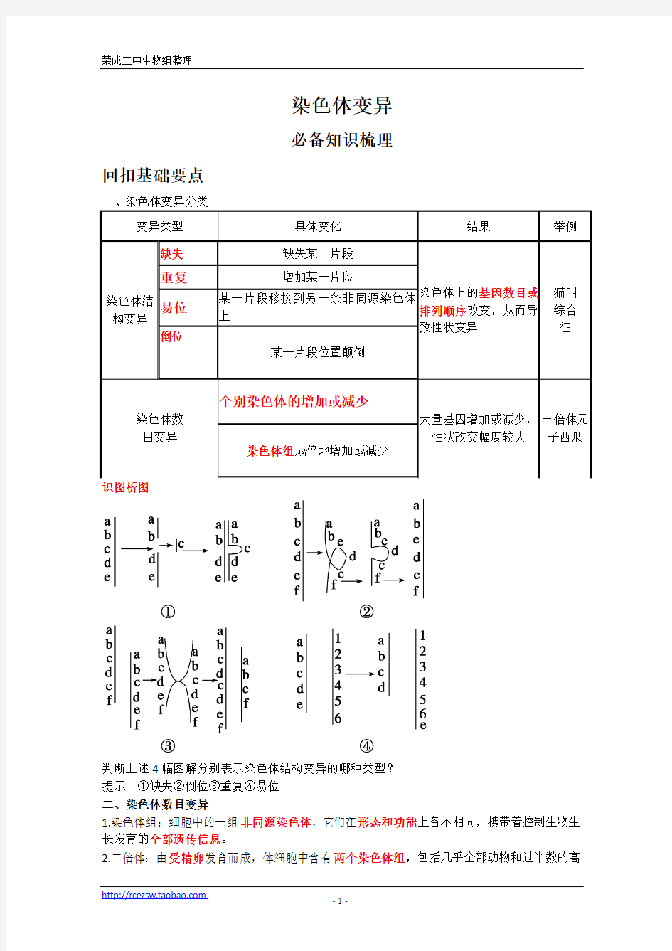 精品学案高三生物一轮复习：染色体变异(人教版必修二)