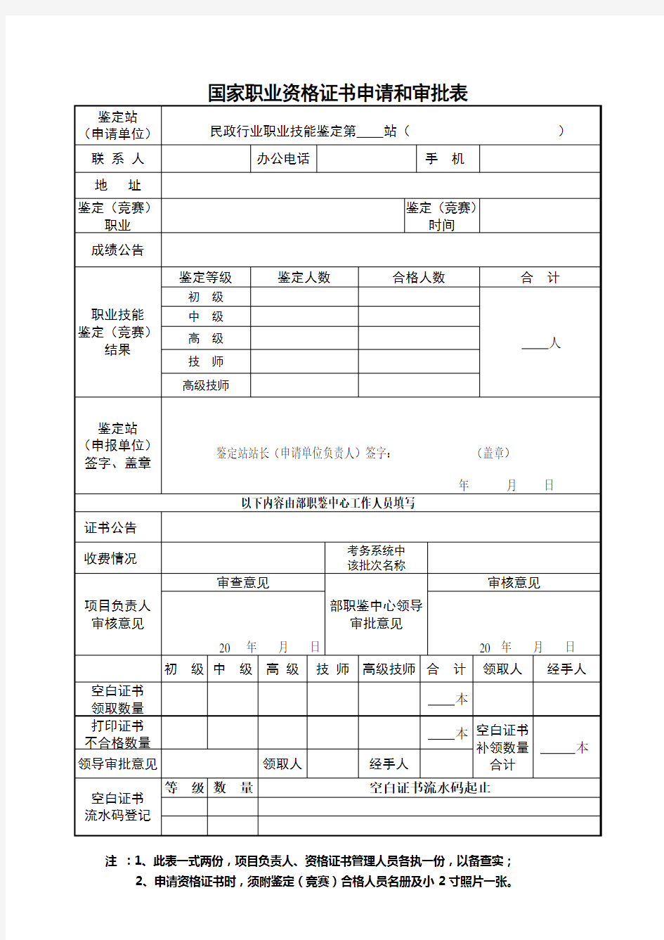 职业技能鉴定考评人员资格认证申请和审批表