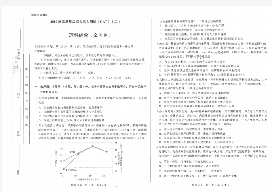 2019届高三年级综合能力测试(CAT)(二)理科综合试题及答案(全国卷)