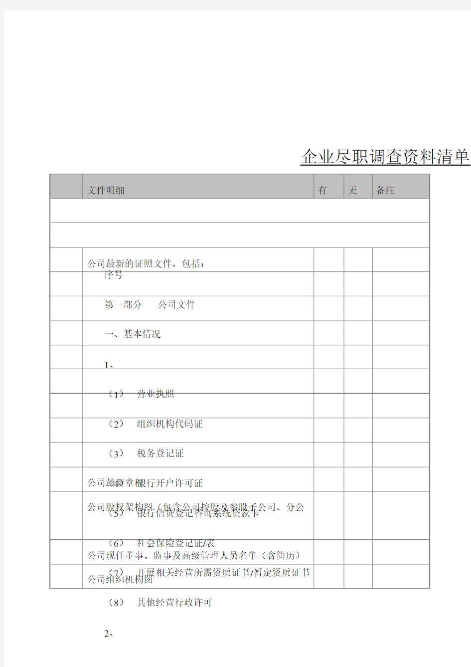 企业尽职调查资料清单