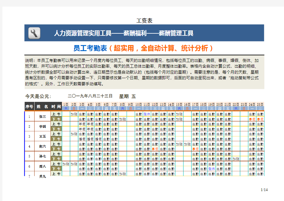 员工考勤表(超实用,全自动计算、统计分析)