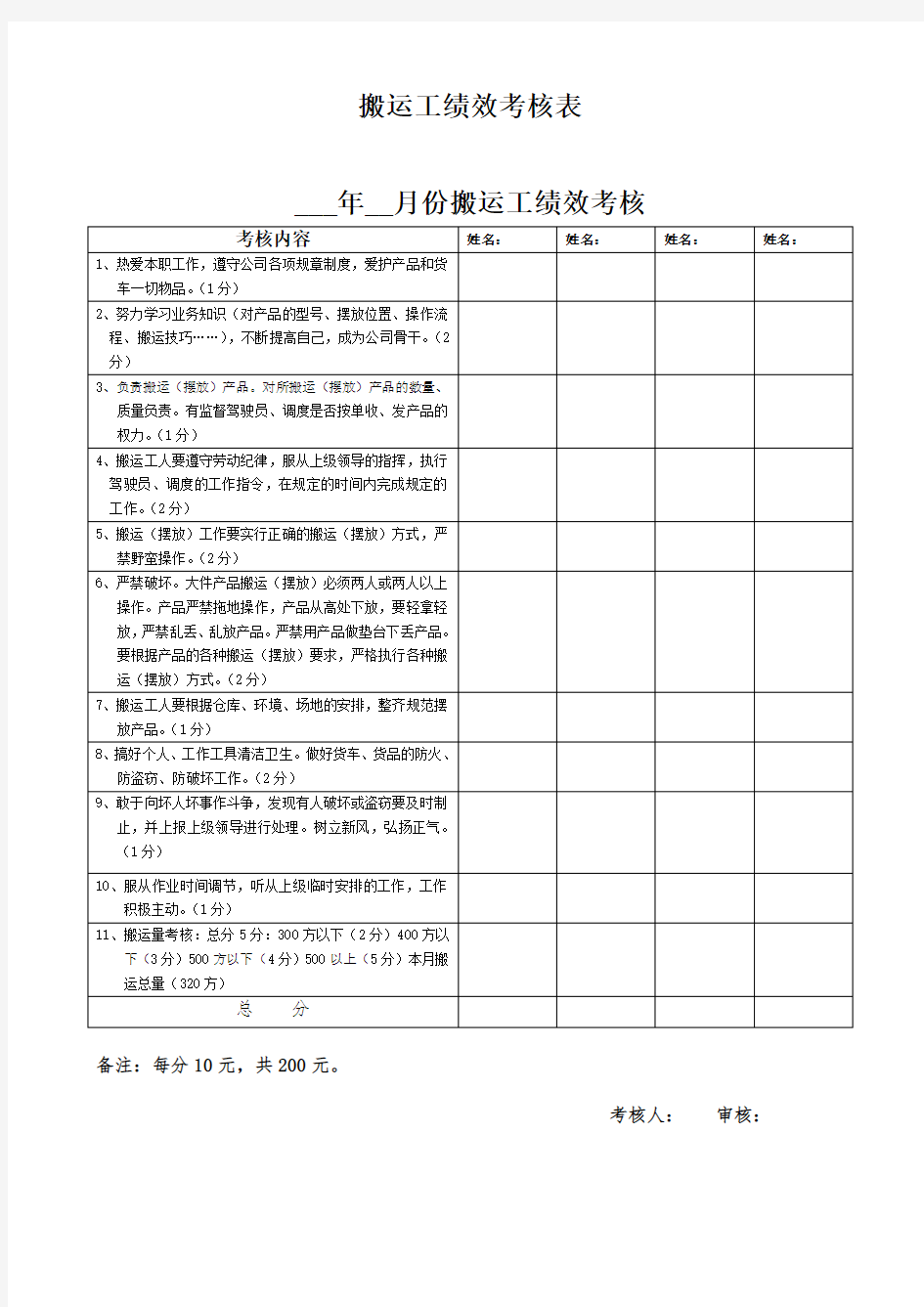 搬运工绩效考核表