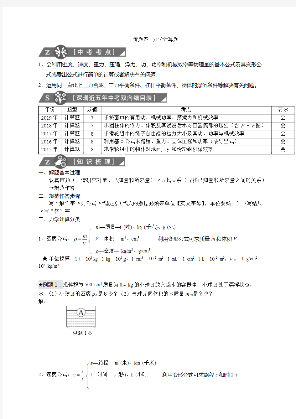 深圳市中考物理专题四力学计算题