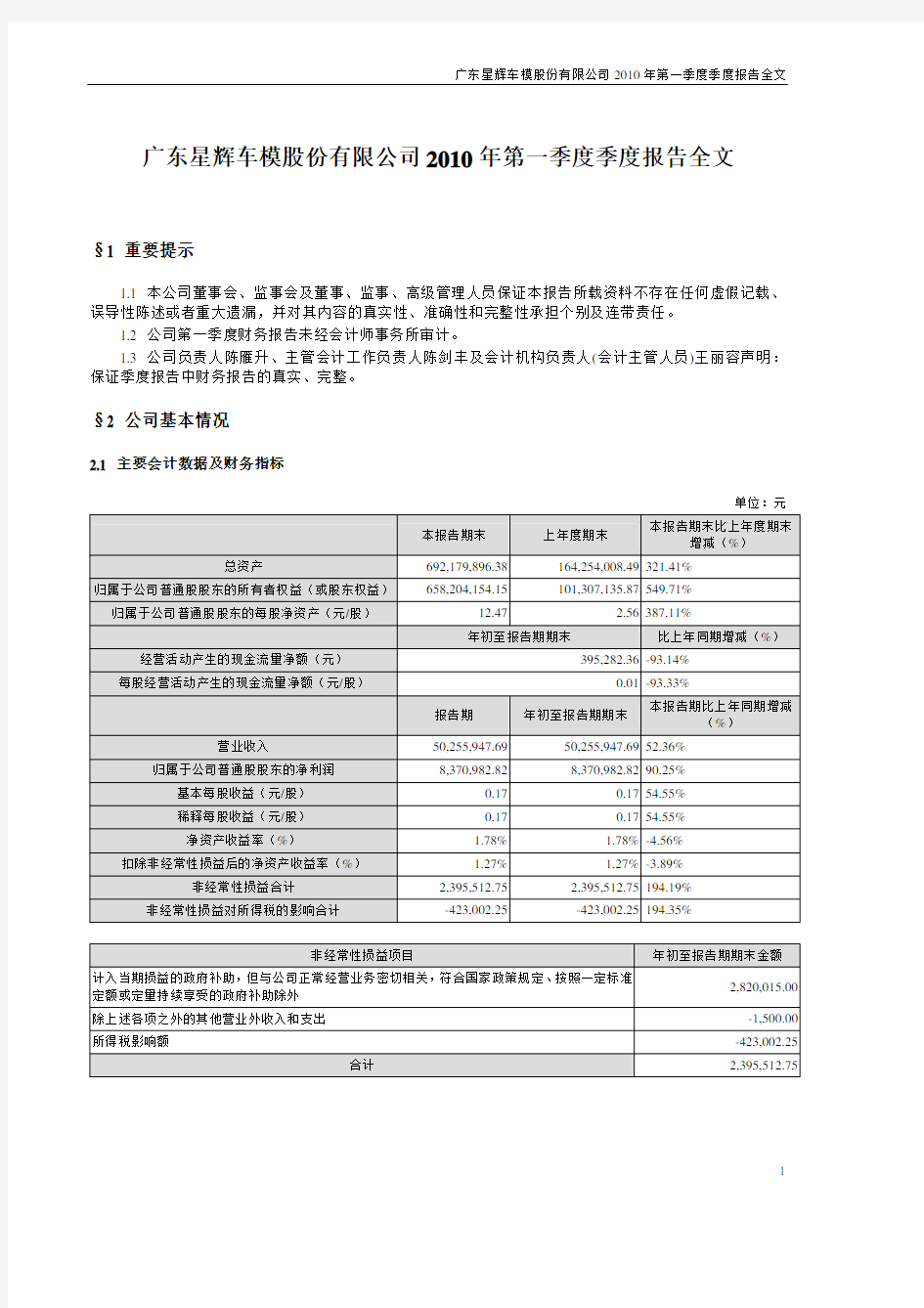 (仅供参考)广东星辉车模股份有限公司2010年第一季度季度报告全文