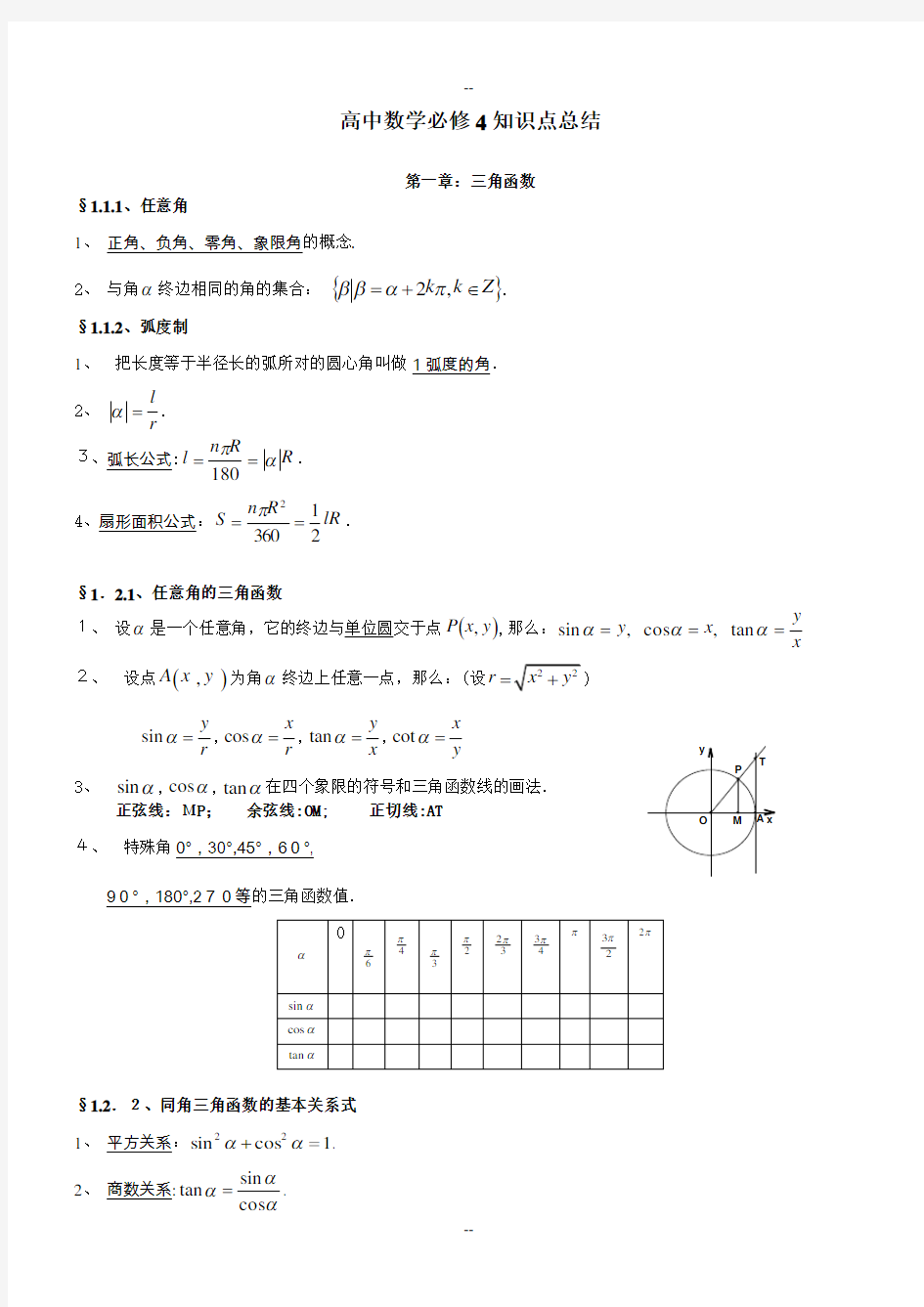 新课标人教A版高中数学必修4知识点总结