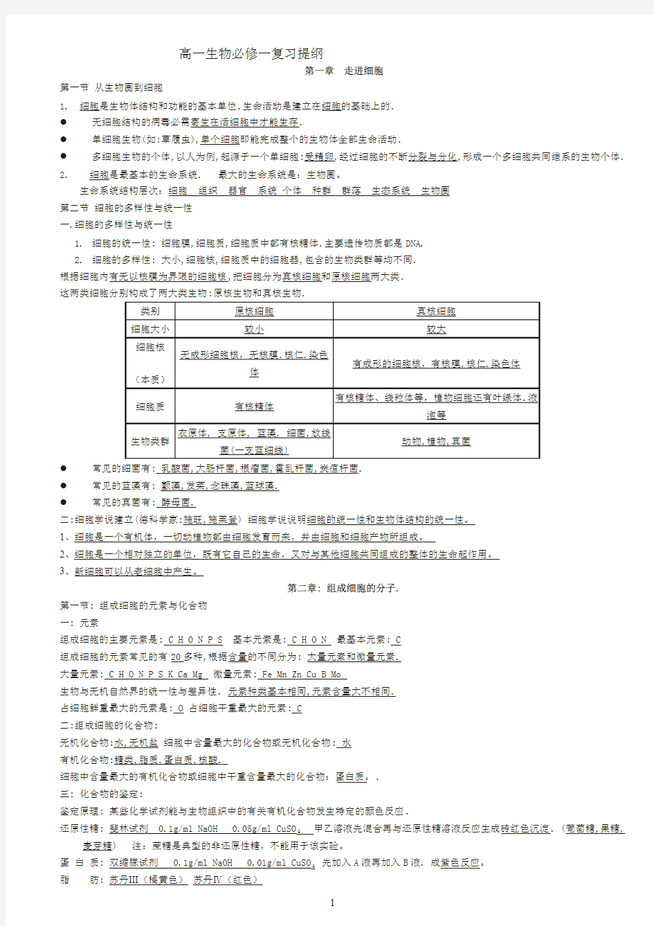 (完整版)高一生物必修一知识点总结(全)