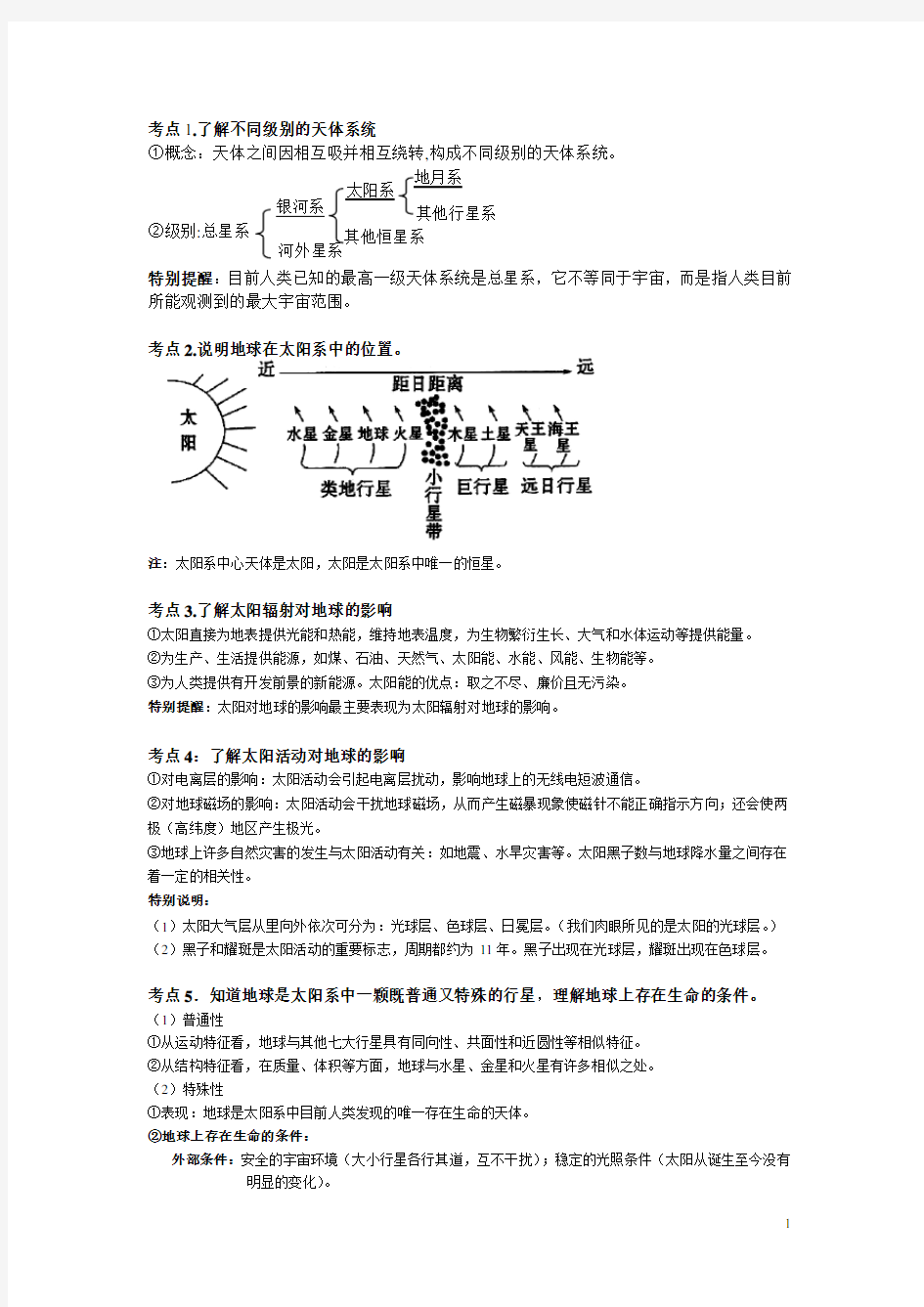 高中地理必修1必背考点