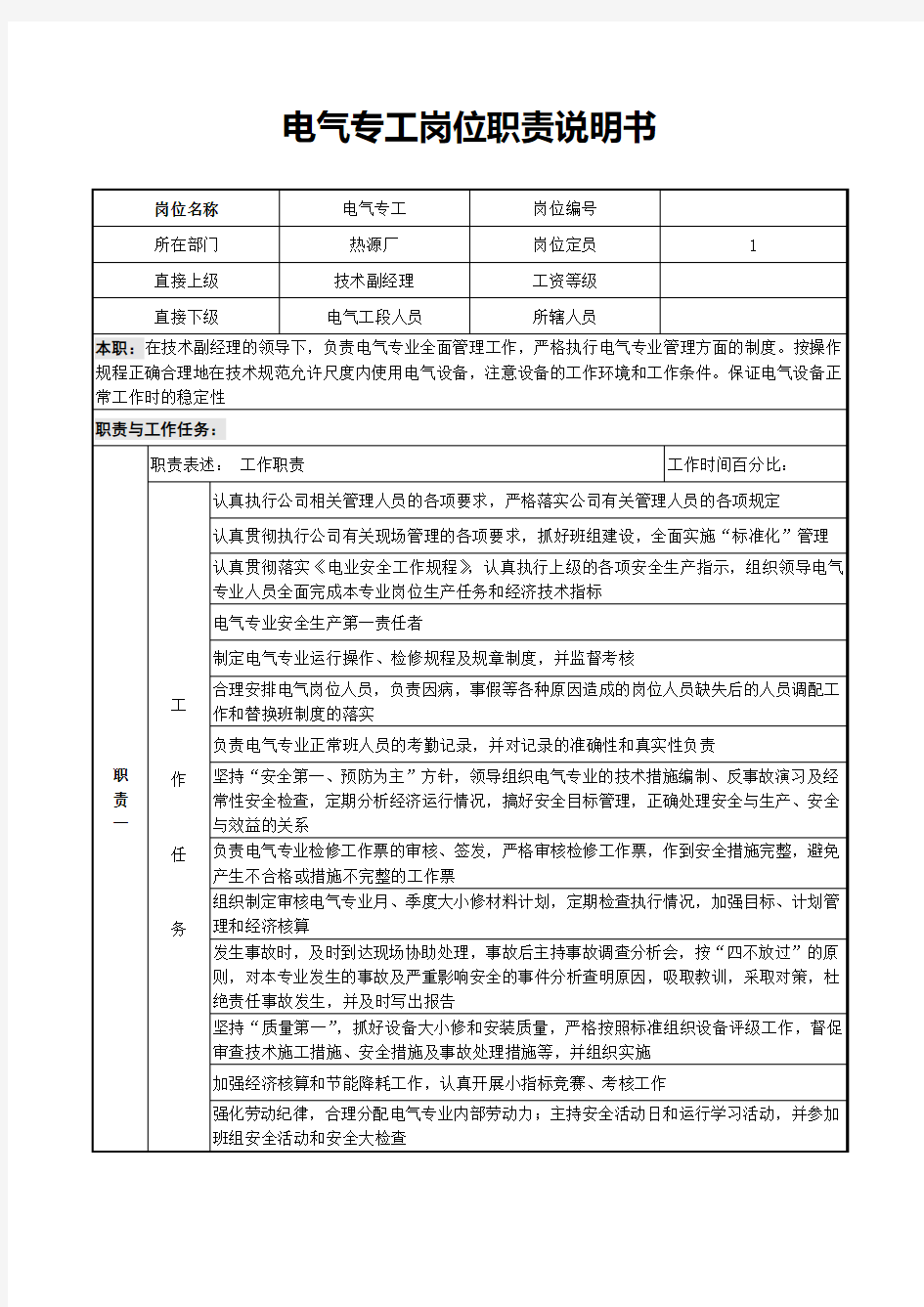 电气专工岗位职责说明书