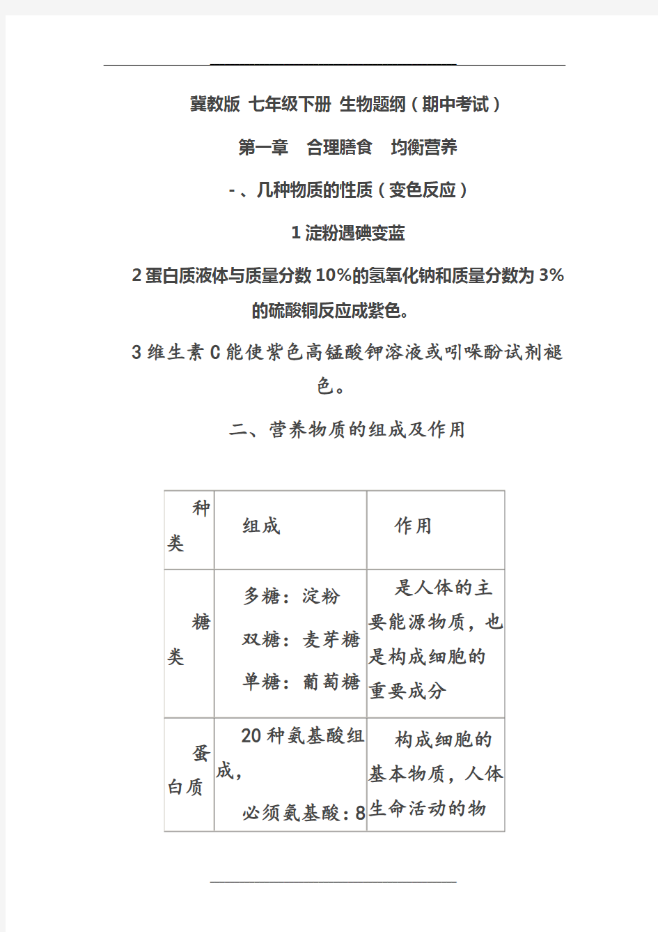 冀教版生物七年级(下册)复习资料全