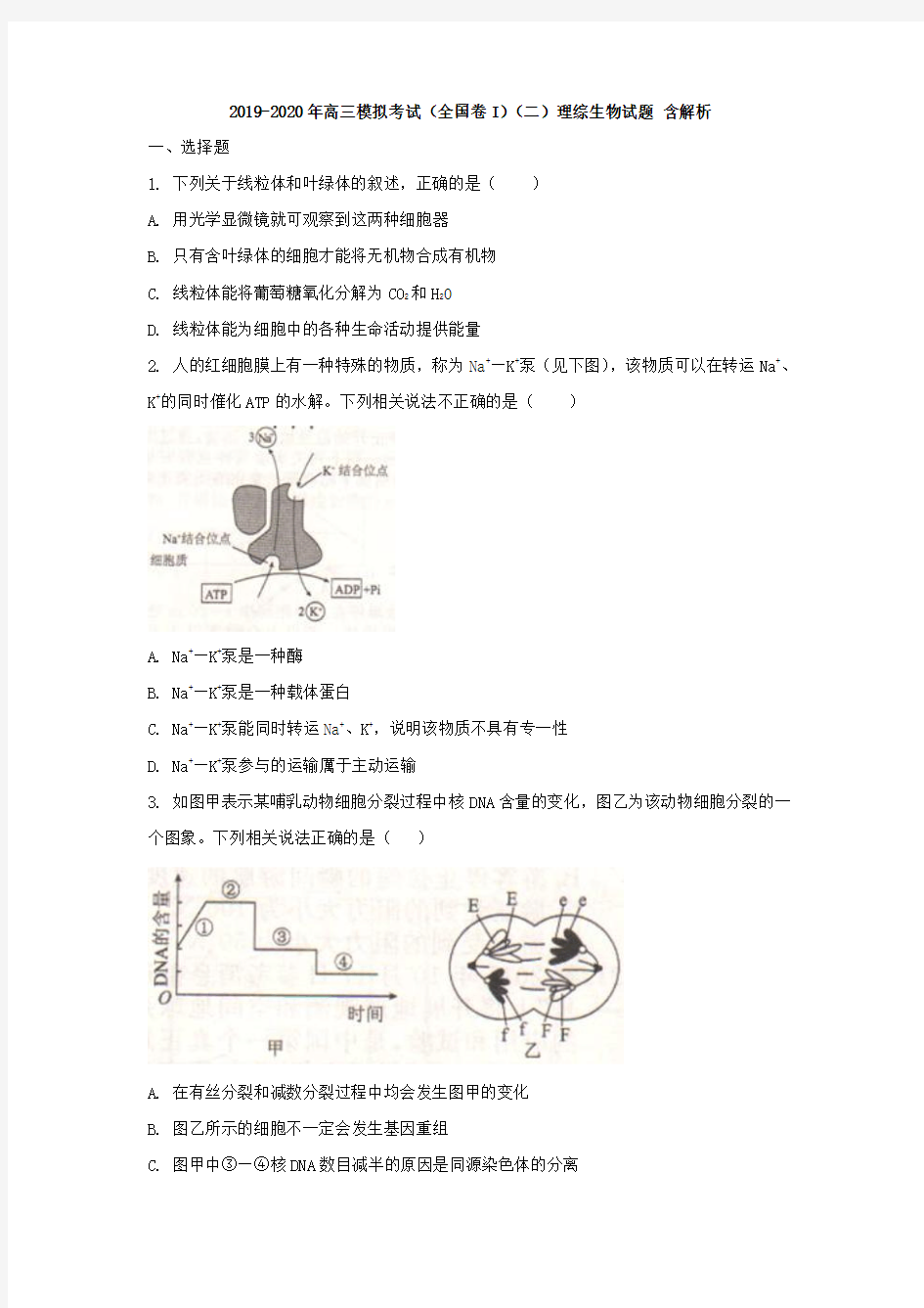 2019-2020年高三模拟考试(全国卷I)(二)理综生物试题 含解析