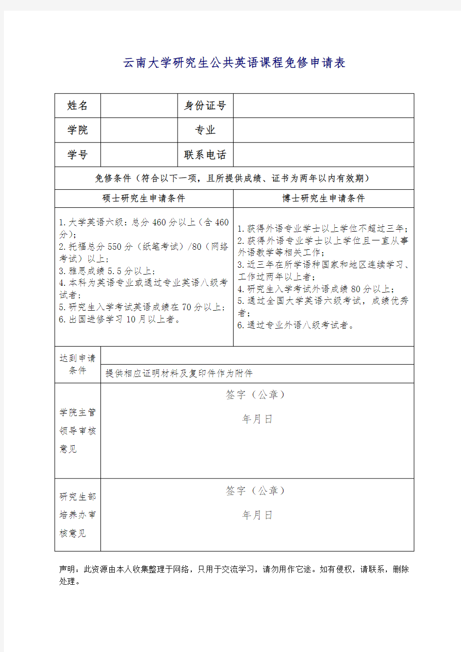 云南大学研究生公共英语课程免修申请表
