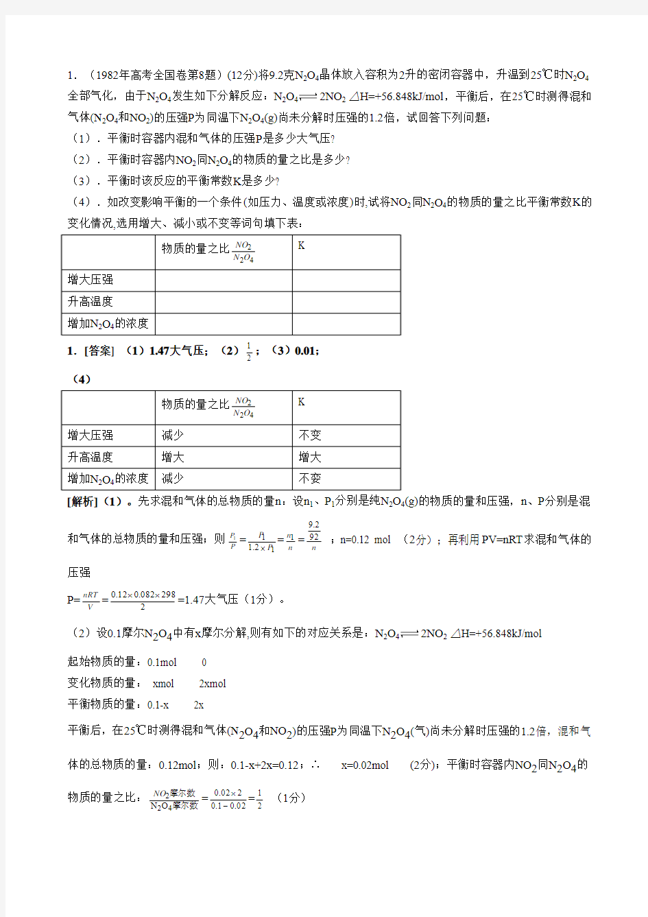 历届高考中的化学平衡常数试题及其答案和详解