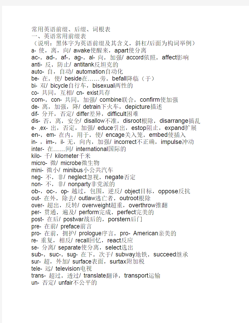 常用英语前缀、后缀、词根    表