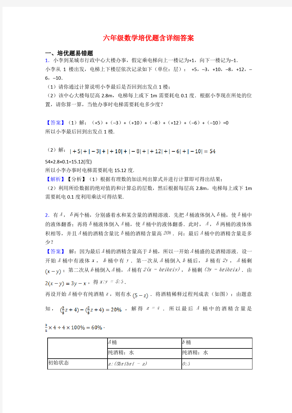 六年级数学培优题含详细答案