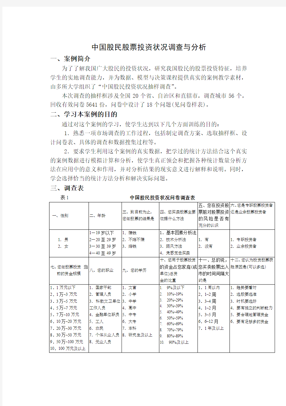 案例1：中国股民股票投资状况调查与分析