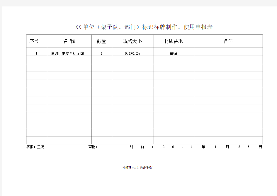 标识标牌申请表