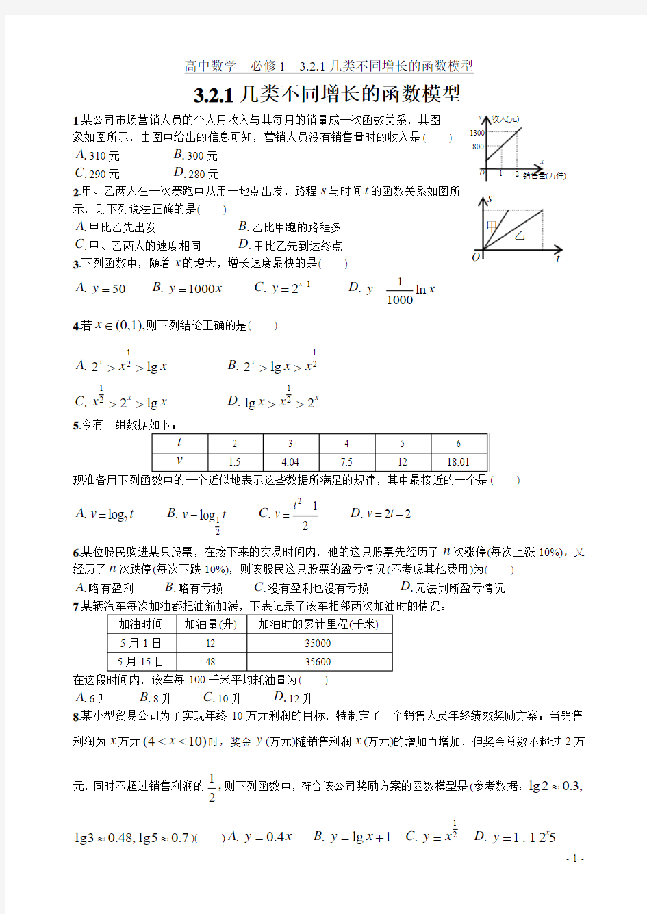 必修一3.2.1几类不同增长的函数模型)