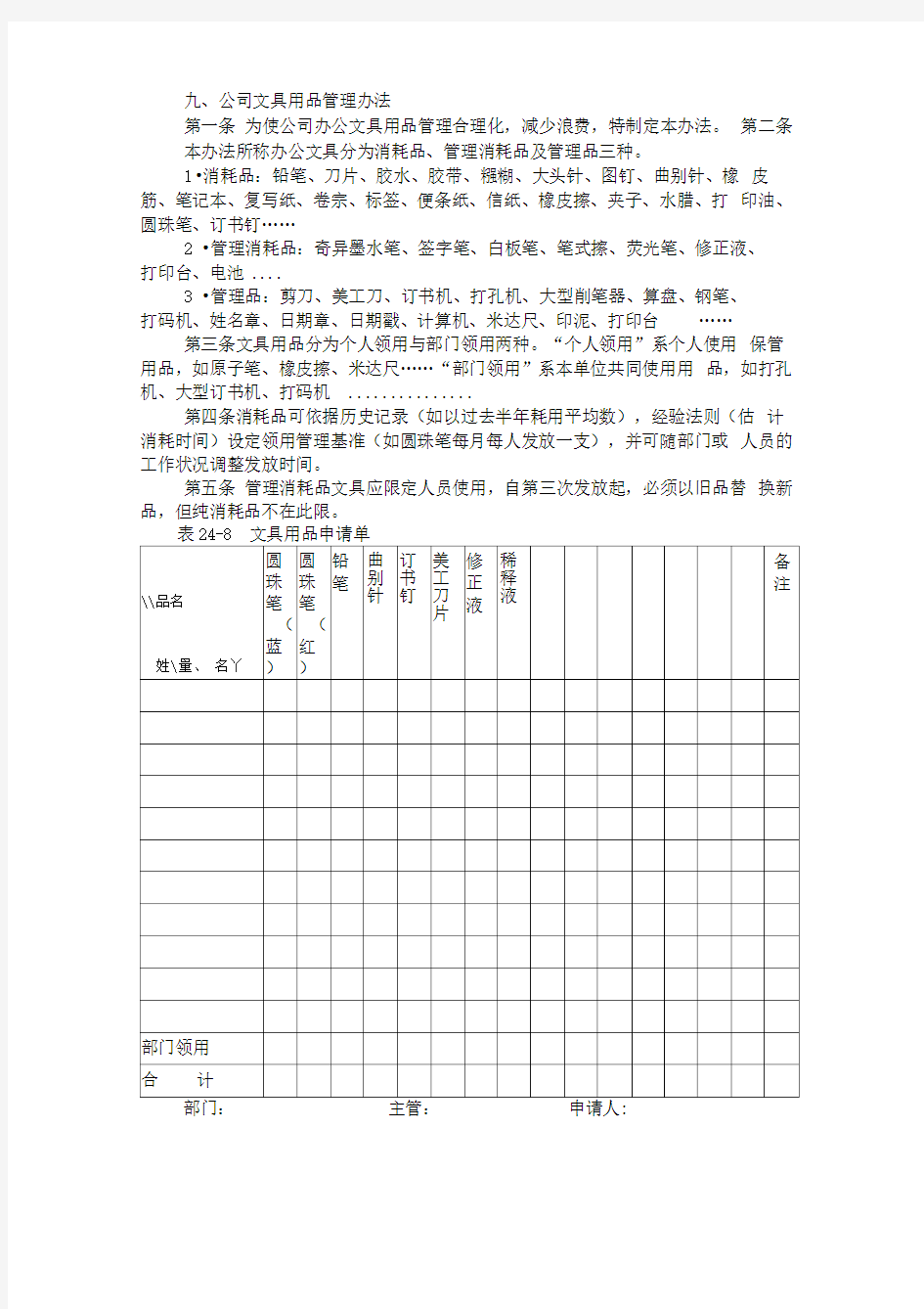 公司办公文具用品管理制度